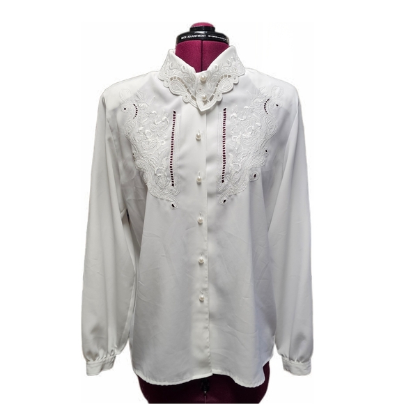 Christie & Jill 80's Vintage Elegant White Embroidered Women's Blouse - Picture 4 of 15